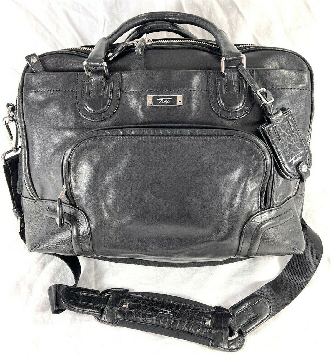 TUMI Black Leather Briefcase Messenger Bag Expandable Gem
