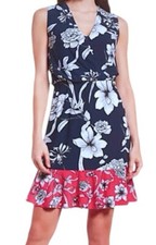$118 Eliza J Island Dress Petite 2 P2 Red White Blue V Neck Stretch Tropical NWT