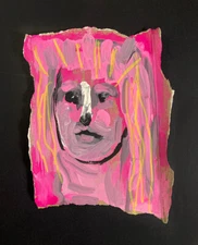 Portrait Painting Small Pink Original Naive Outsider Unique Woman Art Miz Katie