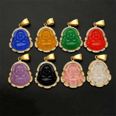 1pc Edelstahl Strasssteine Jade Buddha Anhänger Schmuck Gold Kette Halskette - Bild 1 von 4