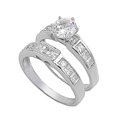 Sterling Silver Engagement Ring Wedding Band Bridal Set Clear CZ