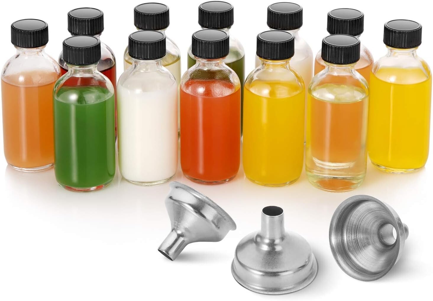 12 Pack, 2 oz Small Clear Glass Bottles with Lids & 3 Stainless Steel Funnels -