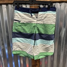 Boy's Patagonia Swim Board Shorts-Green Blue Stripes-9  Inseam Size 14