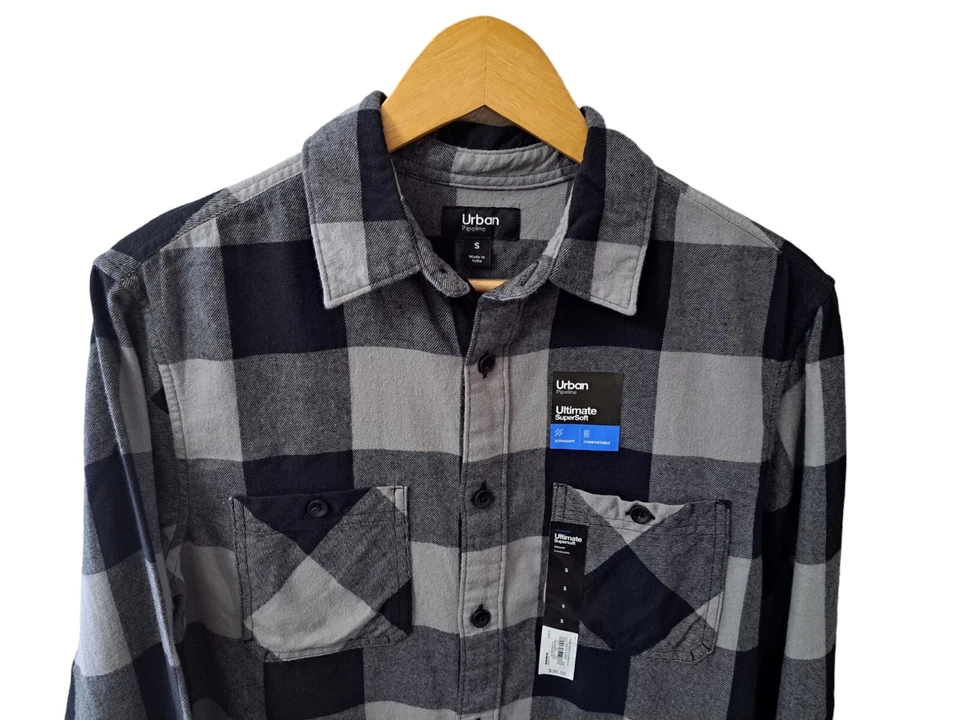 Urban Pipeline Size Small Men's Brushed Flannel Black/Grey Button Down Shirt NWT - Image 2 of 4