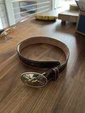 Nacona Belt Co Brown Tooled Leather Western Belt W Silver Tone Bull Rider Buckle