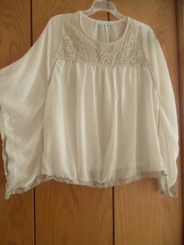 Maurices Women's Ivory Tan Crocheted Trim Sheer Top Blouse Sz L