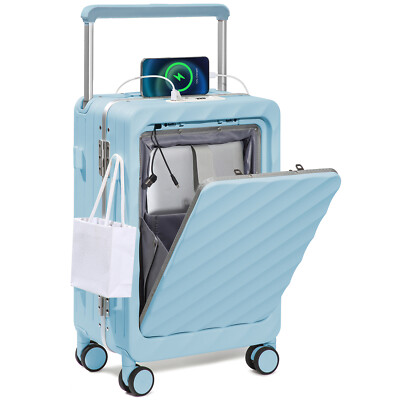 Luggage Wide Handle Carry On Suitcase 20 Inch Aluminum PC Hardside TSA Blue