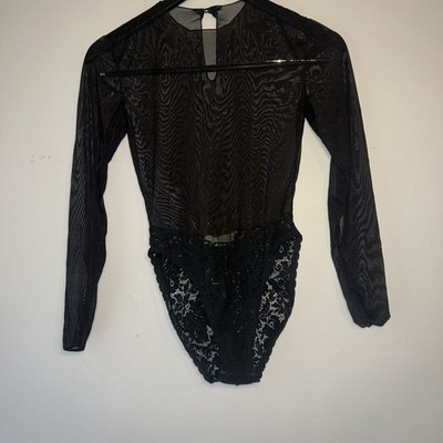 Vtg 80s GUY LAROCHE Sheer Mesh Lace Bodysuit Small Black Whimsigoth Going Out
