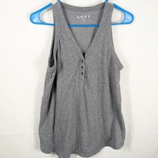 LOFT M Tank Top Gray Button Front Sleeveless V-Neck Casual Soft Knit Blouse