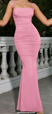 Bodycon Dress Large Pink Bridesmaid Ruched Stretch Floor Length Prom Marthea
