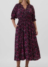 Gap Women Pink Ditzy Floral 3/4 Puff Sleeve Midi Dress Smocked Waist Small
