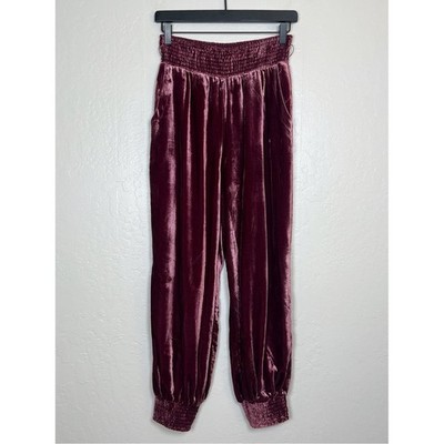 ANTHROPOLOGIE Women's Size S Burgundy Gloria Smocked Waist Cuffs Velvet Joggers