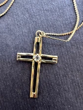 ✝️ 14K Gold Flat Cross Pendant w/ Prong-Set Diamond + 18" 14K S-Link Chain ✨