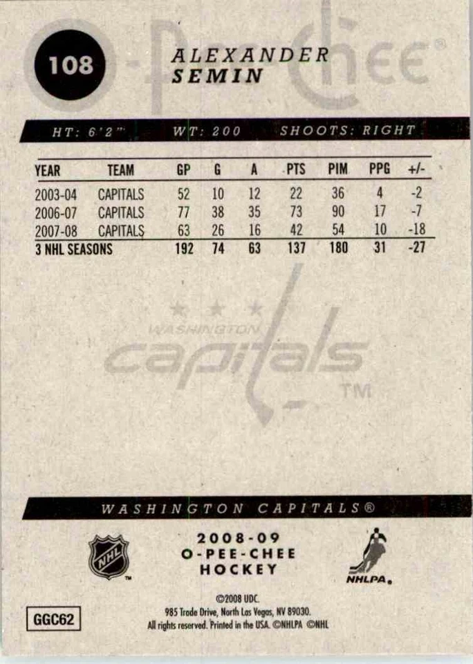 2008-09 O-Pee-Chee Alexander Semin #108 - Image 2 of 2