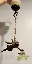 Antique French Bronze Putti Winged Cherub Angel Chandelier Pendant Green Lamp