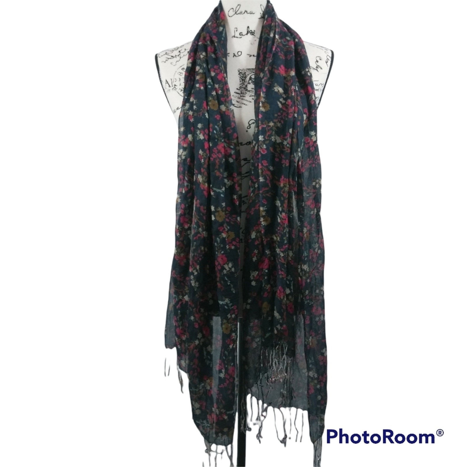 Blue Red Floral Fringe Scarf Wrap