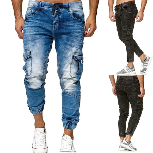 Mens Casual Baggy Jeans Elastic Denim 
