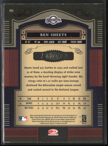 2005 Donruss Timeless Treasures #98 Ben Sheets 788/799 Milwaukee Brewers - 第 2/2 張圖片
