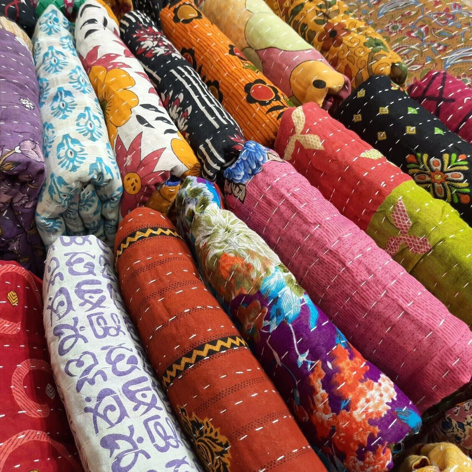 Vintage Kantha Quilt Indische Handarbeit Wohndecke Baumwolle Tagesdecke Stepp... - Bild 4 von 4