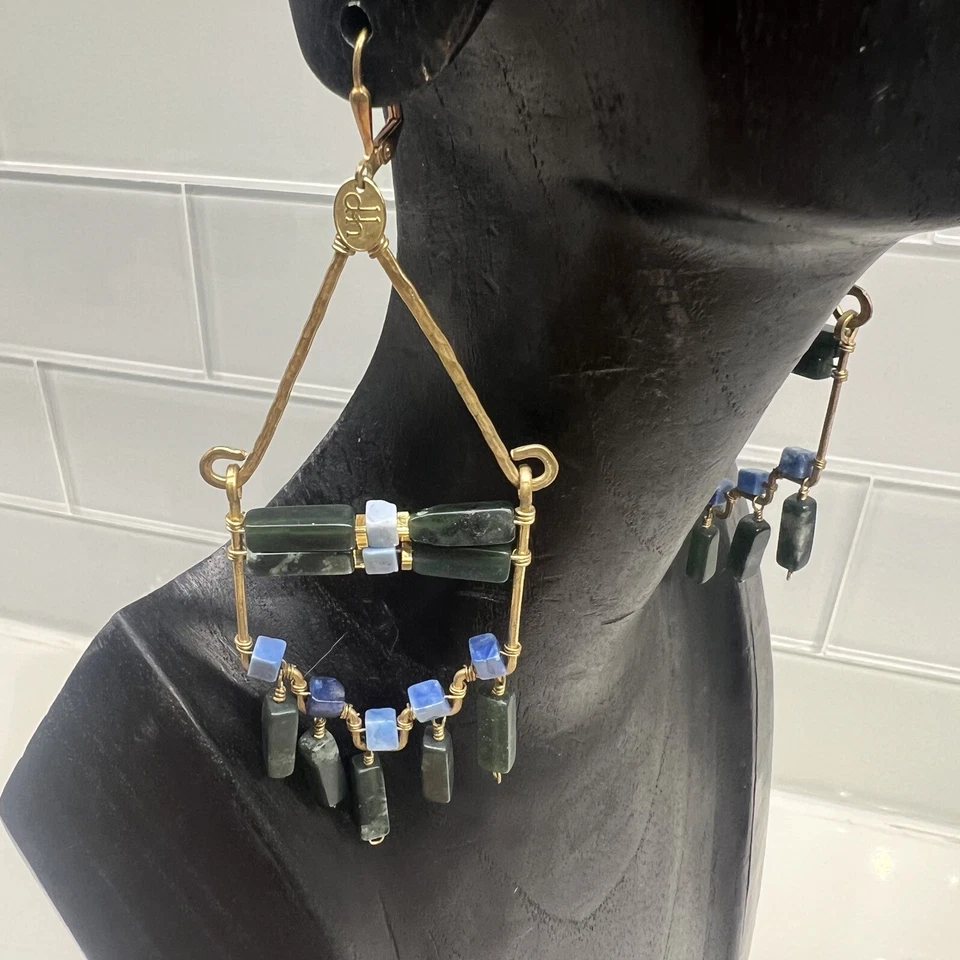 Pendientes Anthropologie GRAND DECO Macizo Jade Lapislázuli Alambre Latón Declaración Foto 2 de 4