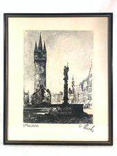 Oscar Schenk Straubing Bavaria Clock Tower Vintage Etching Print 14" x 17" Frame