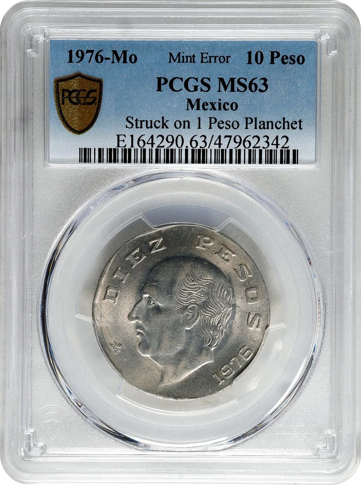 ER390 MEXICO. Mint Error, 1976-Mo 10 Pesos Struck on 1 Peso Planchet. PCGS MS63 - Image 2 of 4