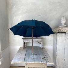 Silver tip Antique Shepherd's Umbrella French Parasol Indigo Blue Vintage T