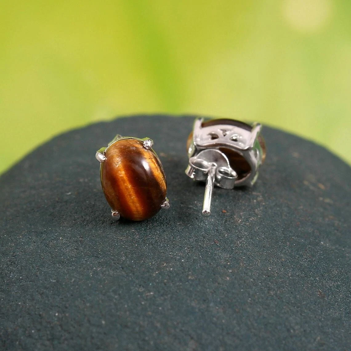 SNGIA Orecchini A Bottone Grandi In Oro Con Pietra Occhio Di Tigre - Fatti A Mano, Stile Boho, Ipoallergenici, 1,9 X 2,5 Cm