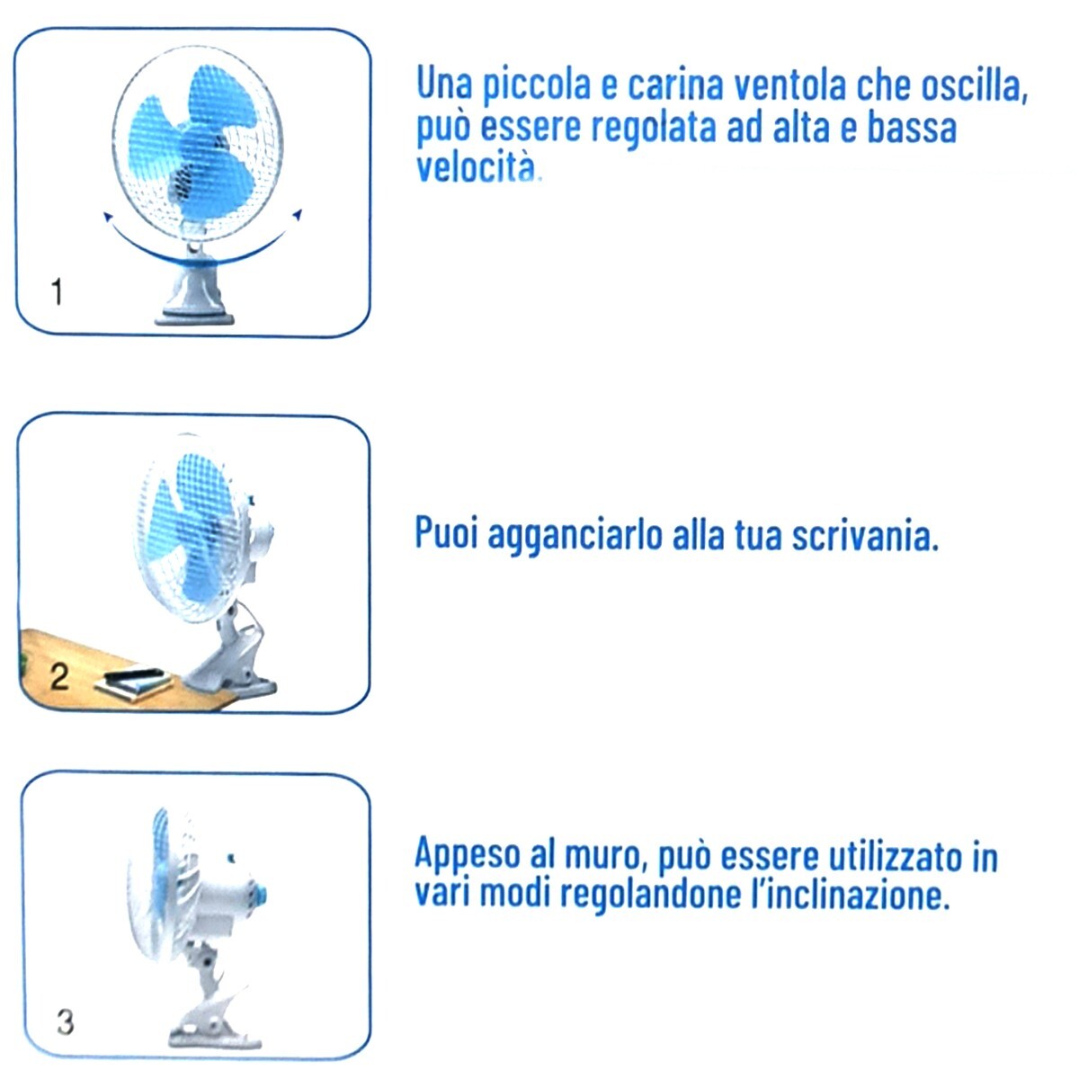 MINI VENTILATORE A PINZA CON DOPPIO SNODO 3 PALE SCRIVANIA TAVOLO CASA UFFICIO foto 2