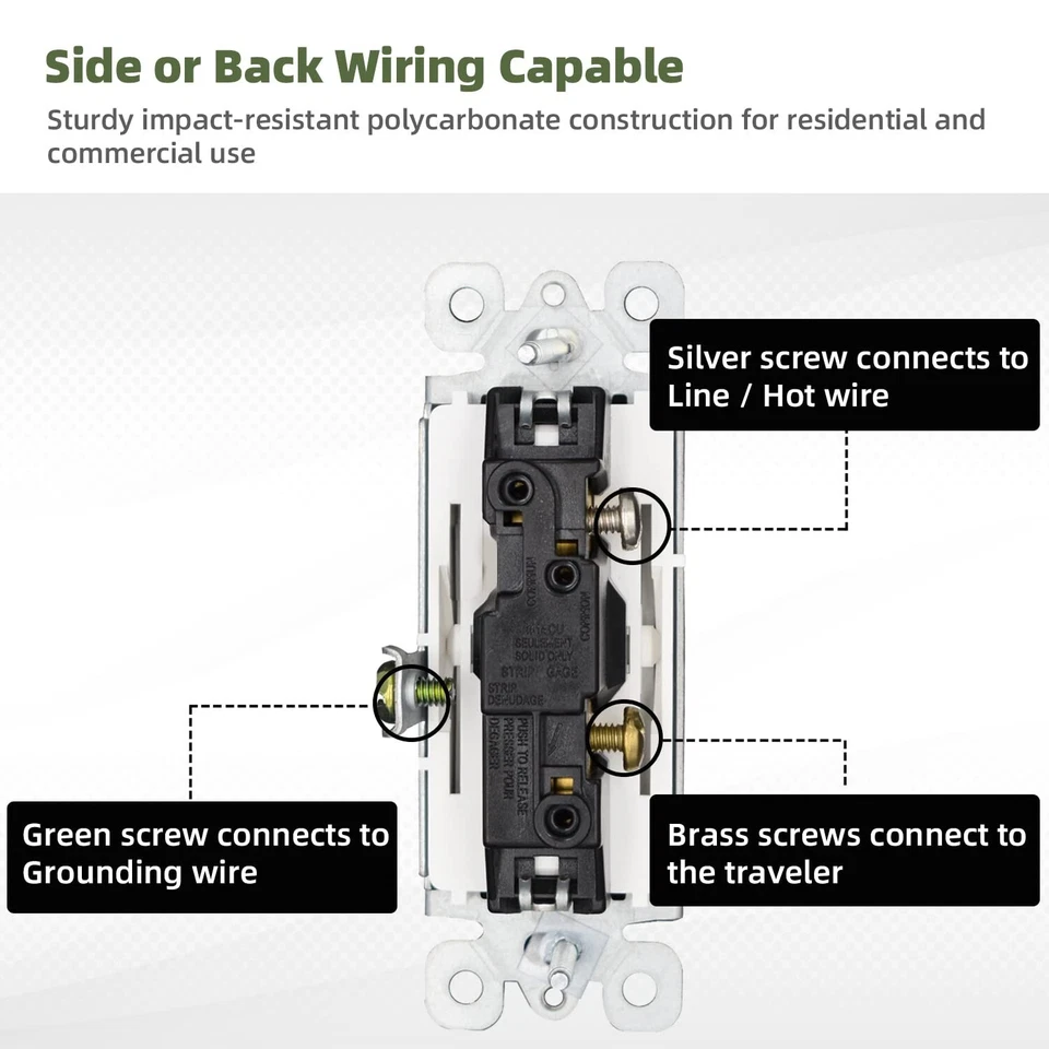 Decora Light Switch White, Single Pole Paddle Rocker UL ,15A 120V/277V,10 Pack - Image 2 of 4