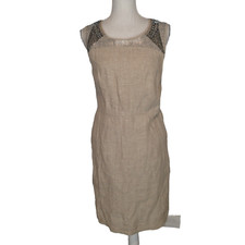 ANN TAYLOR LOFT Linen Beaded Sequin Beige Sleeveless Mini Sheath Dress sz 6