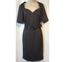 Next Midi Dress Size 10 Black Check Tailoring Belted Ponte Sweetheart Neck New