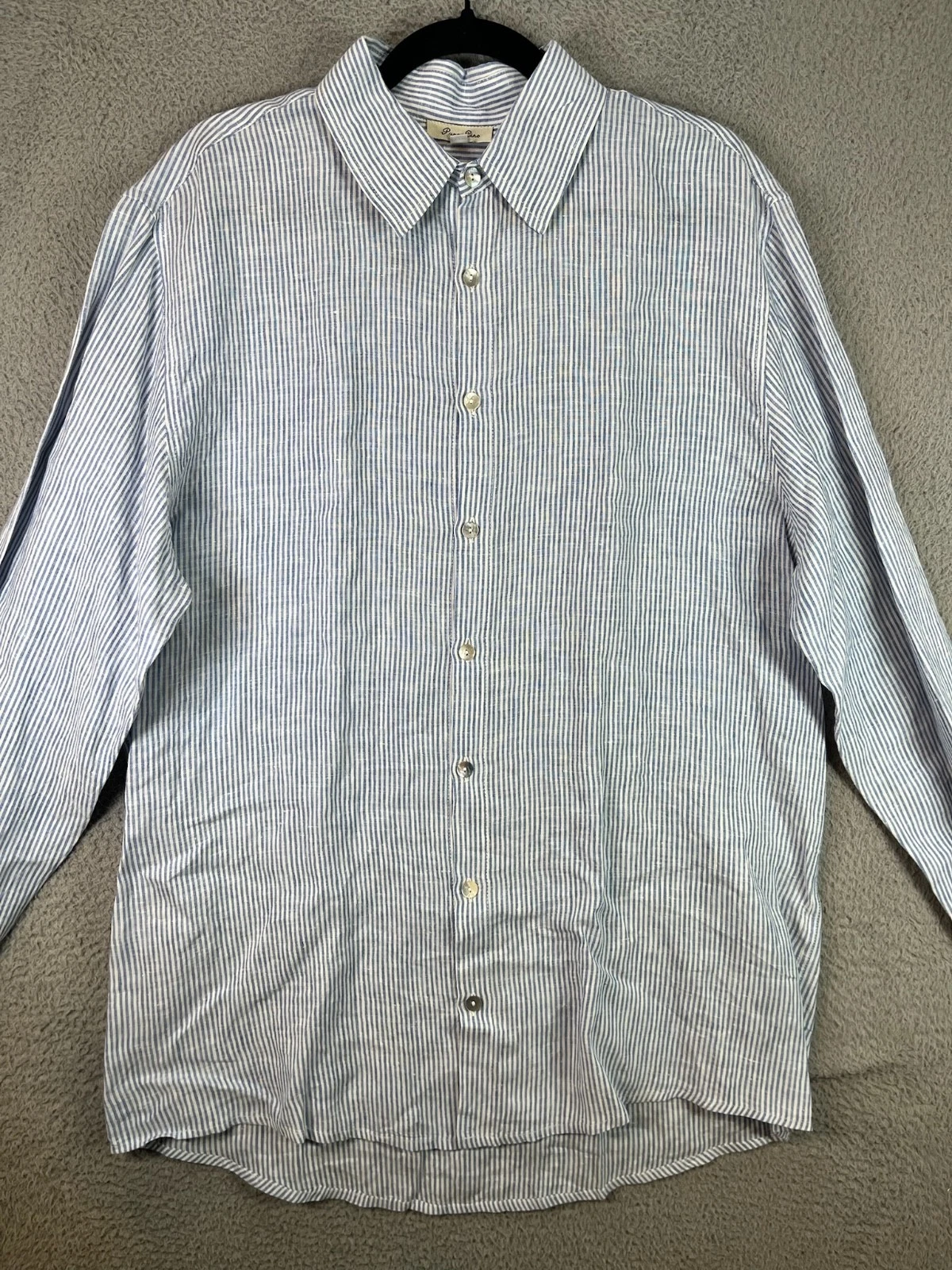 Puro Lino Shirt Mens EU 3XL US Blue 100% Linen Long Sleeve Pocket Button Up