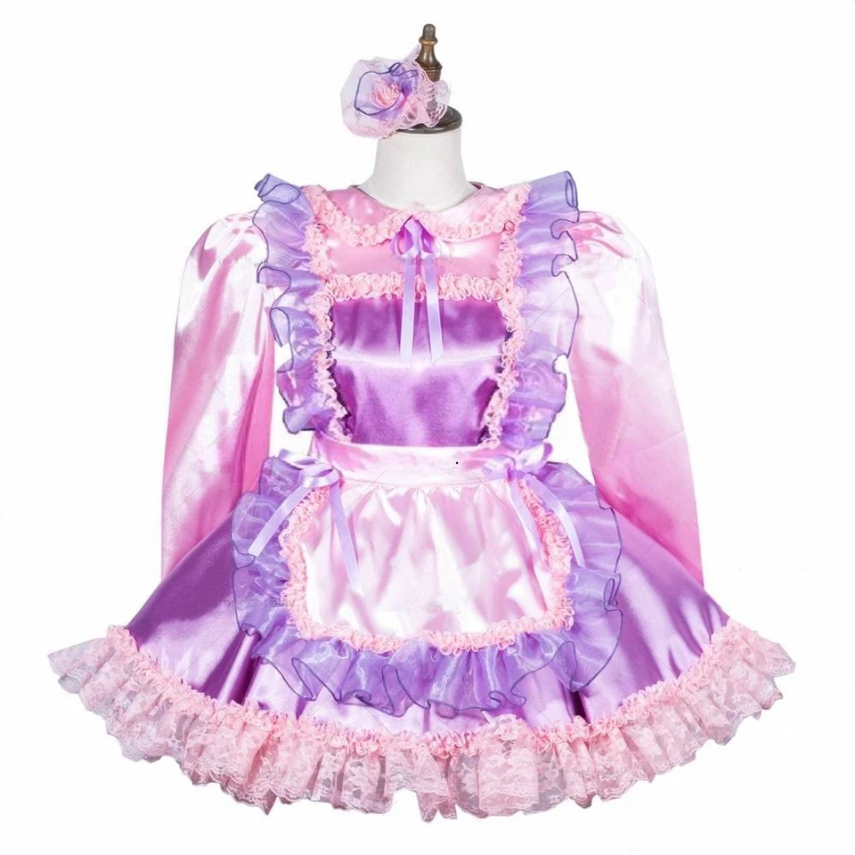 Niña Sissy Maid Manga Larga Bloqueable Púrpura Satén Vestido Disfraz Disfraz a Medida Foto 2 de 4