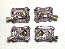 Early Set (4) Light Amethyst Glass OPEN SALT CELLARS w/Sterling Silver Spoons
