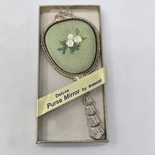 Vintage 5" Long Deluxe Purse Hand Mirror Petit Point Floral Vanity Decor