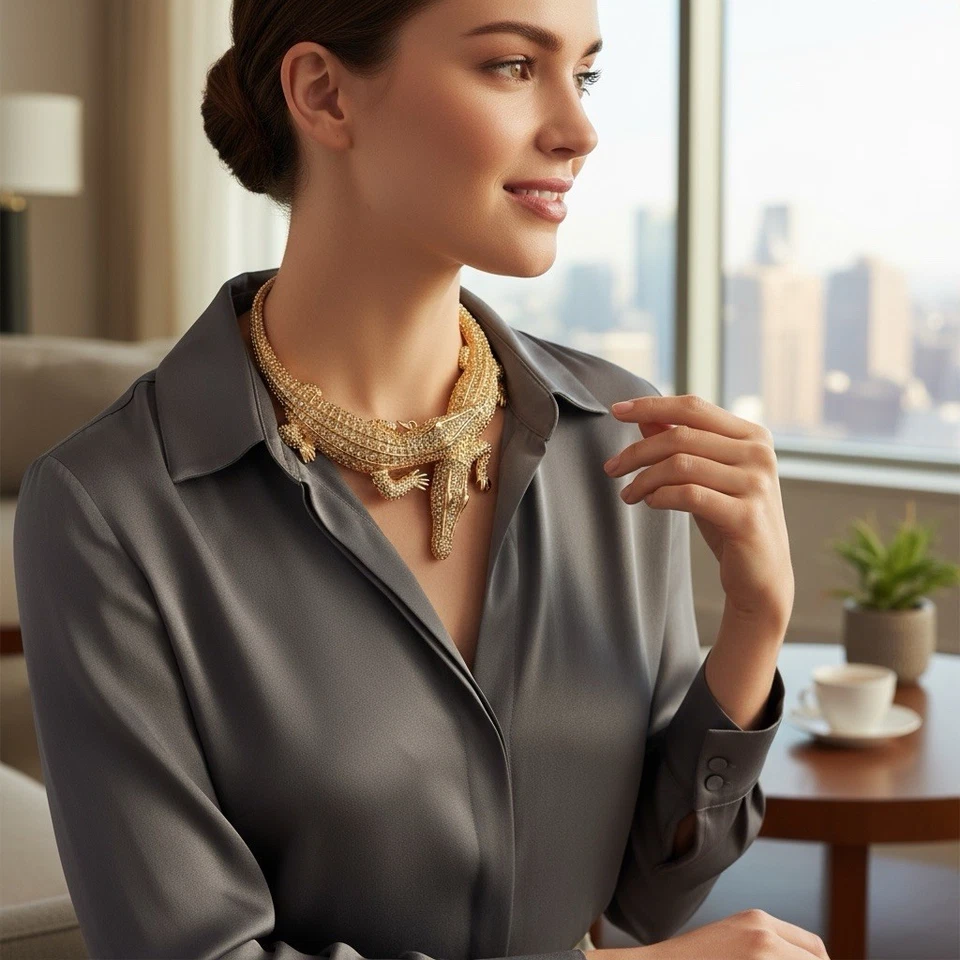 Crocodile Alligator Necklace Gothic Chunky Gold Statement Museum Art VTG CZ - Image 3 of 4