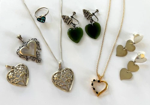 Hearts Jewelry Lot Vintage, Pendants, Earrings, Ring Sterling Silver