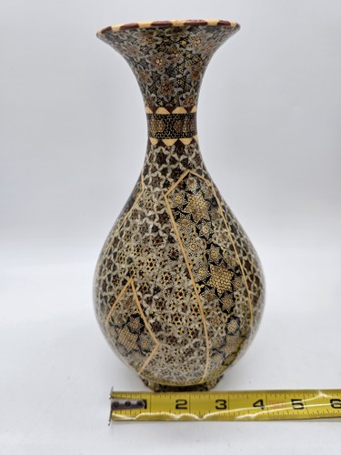 Vintage Persian Khatam Kari 9" Vase Mosaic Pattern Boho Glam Hollywood Regency - Picture 13 of 13