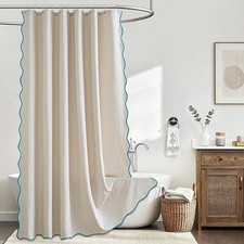 Beige Scalloped Linen Textured Waterproof Shower Curtain 12 Hooks 72x72 Inch