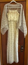 VTG 70s Handmade Chiffon Ivory Floral long Dress Gown Sheer Shawl Sleeveless XXS