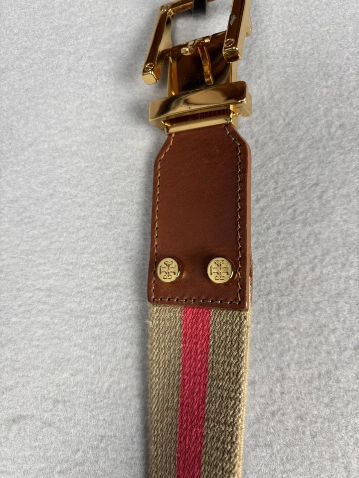 Tory Burch USA Canvas Web Belt Womens Small Tan Pink Stripe Leather Gold-Tone - Image 3 of 4