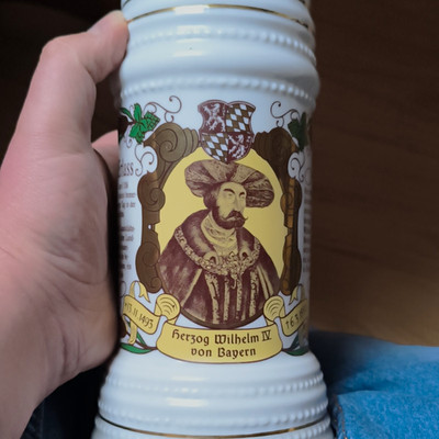 Zinn Becker Bierkrug/Steinkrug mit Zinndeckel Motiv Herzog Wilhelm IV Bayern