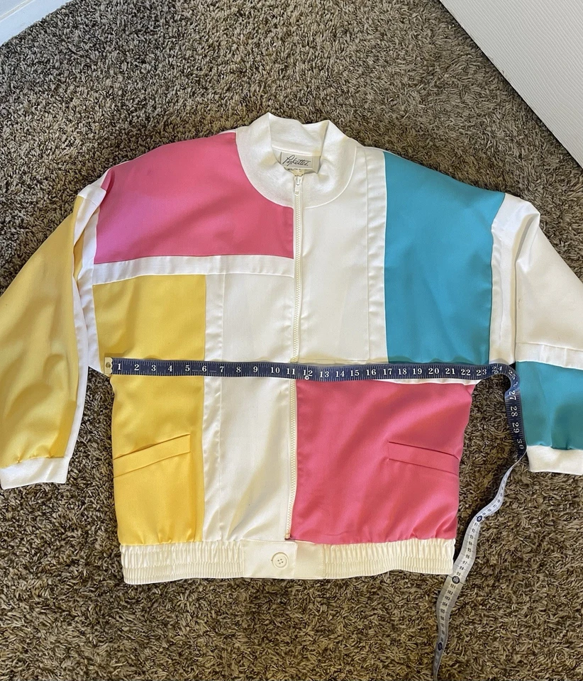 Jaqueta leve geométrica multicolorida década de 1980 M/L design rosa/azul/amarelo - Imagem 2 de 4