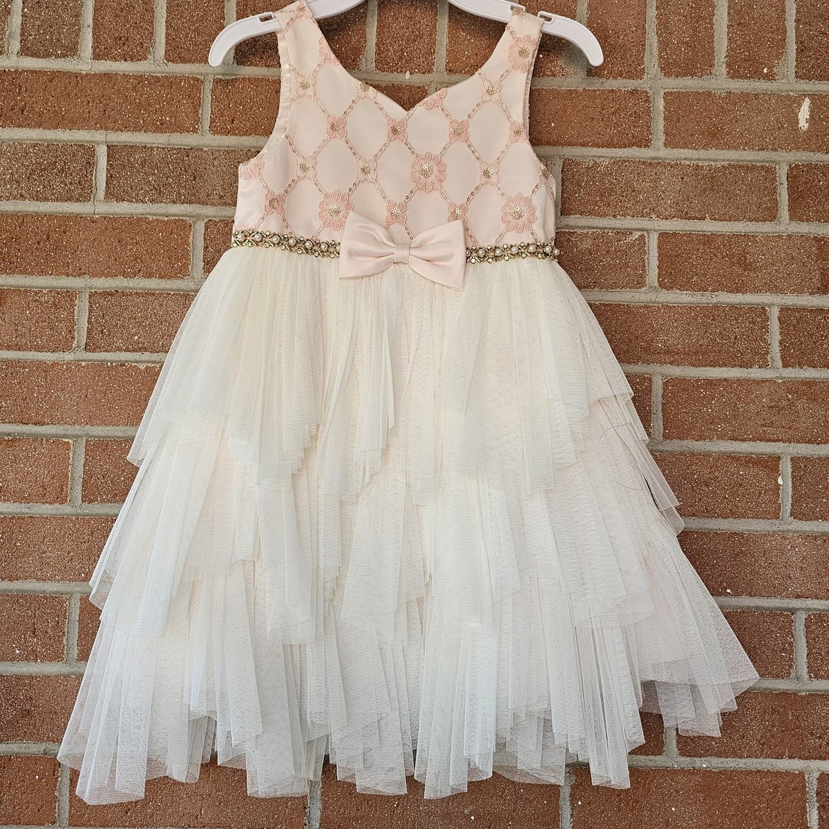 Couture Princess Girls Dress Pink Cream Gold Tulle Embellish Formal Wedding  Sz 5