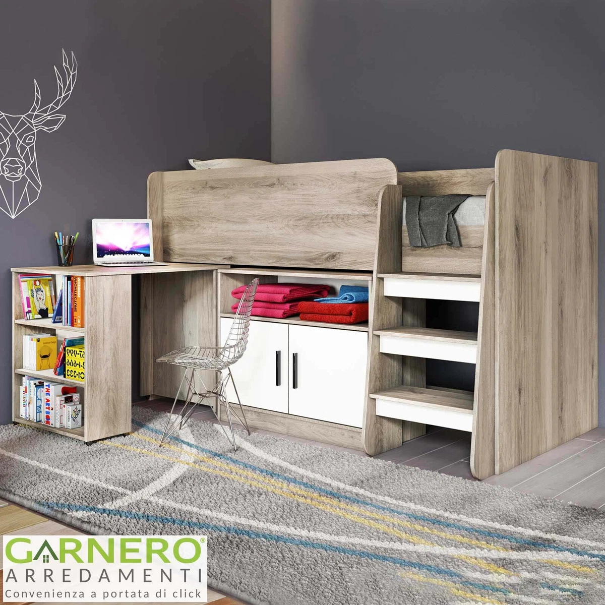 Letto A Soppalco Con Scrivania E Mensole – 140x200 Cm, Due Cassetti, Scala Portaoggetti E Luci LED Integrate – Bianco – Struttura In Pino Massiccio