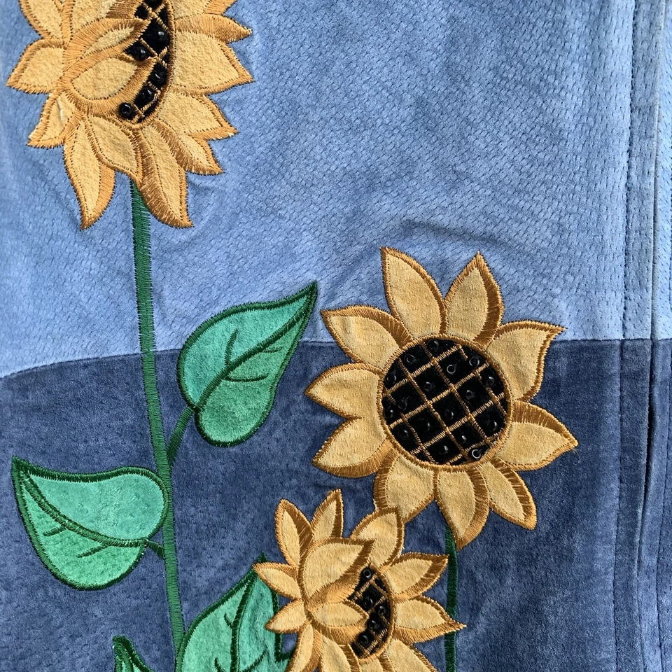 Vtg Suede Jacket w/ Sunflowers Size SMALL The Quaker Factory Blue Suede - Image 4 of 4