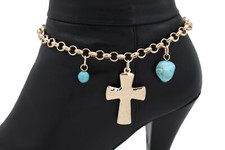 Women Gold Metal Chain Boot Bracelet Anklet Shoe Cross Charm Turquoise Christmas