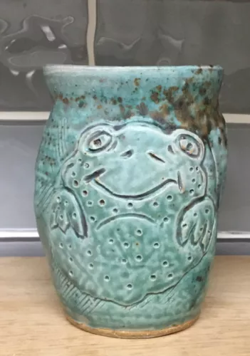 Studio Art Pottery Mug Cup Frog Nature Outdoors Cute Mug 5” Tall Signed