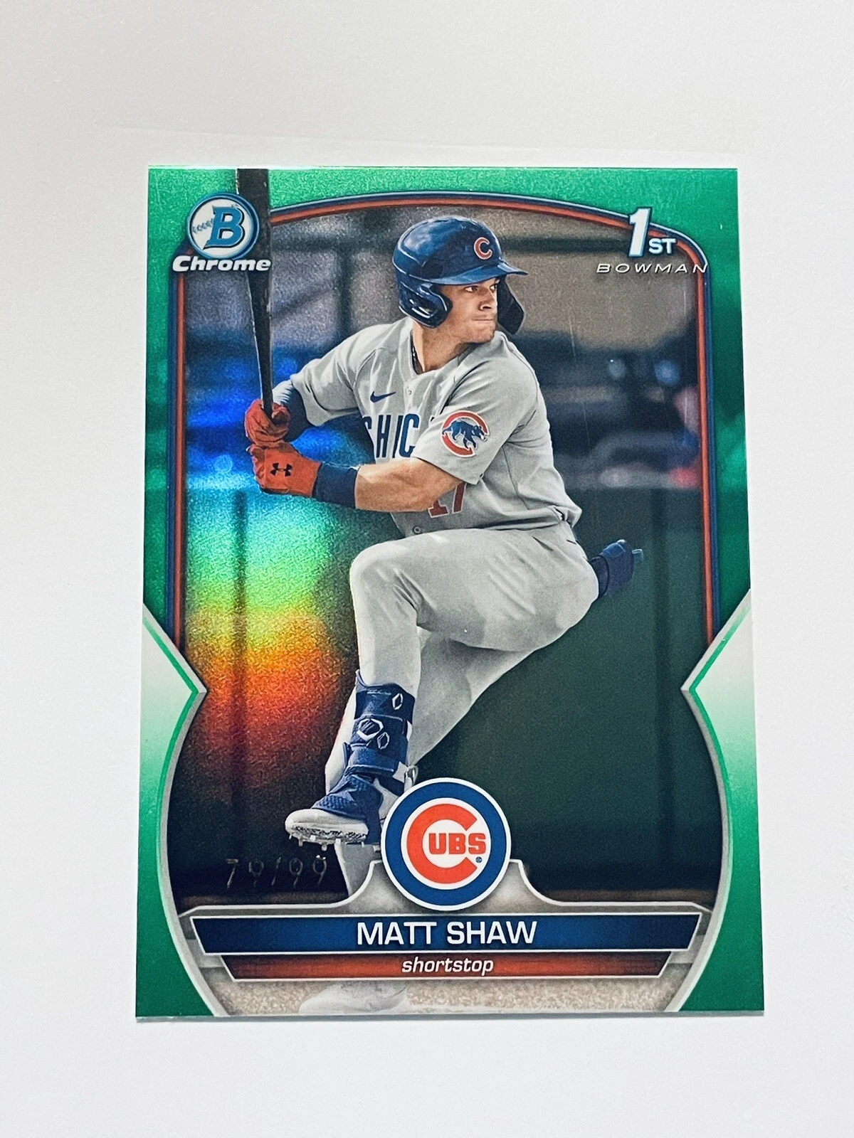 Matt Shaw 2023 Bowman Draft Chrome Green Chrome Refractor 79/99 Card BDC-33
